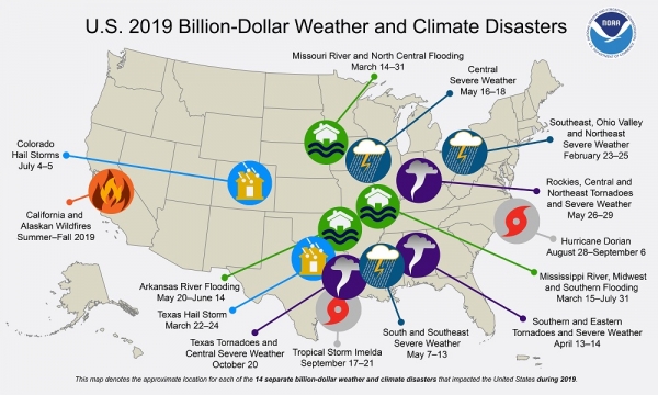 2019년 미국을 휩쓸었던 14개 주요 날씨와 기후 재앙. 캘리포니아 산불과 허리케인 '도리안'도 여기에 포함됐다.[사진=NOAA]