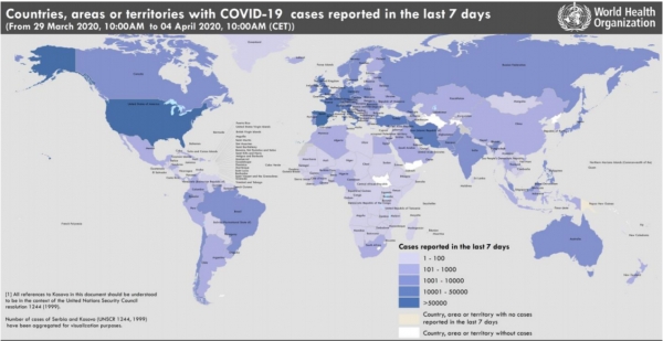전 세계가 감염됐다. 북한 등 몇몇 나라만 제외하고 전 세계 모든 나라에서 코로나19 환자가 나왔다. 유럽과 미국은 수 십만명이 감염됐다.[사진=WHO]